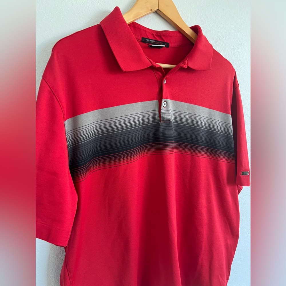 Nike Mens XL Red Black Tiger Woods Golf Polo Striped Dri Fit - Badlands GC LV